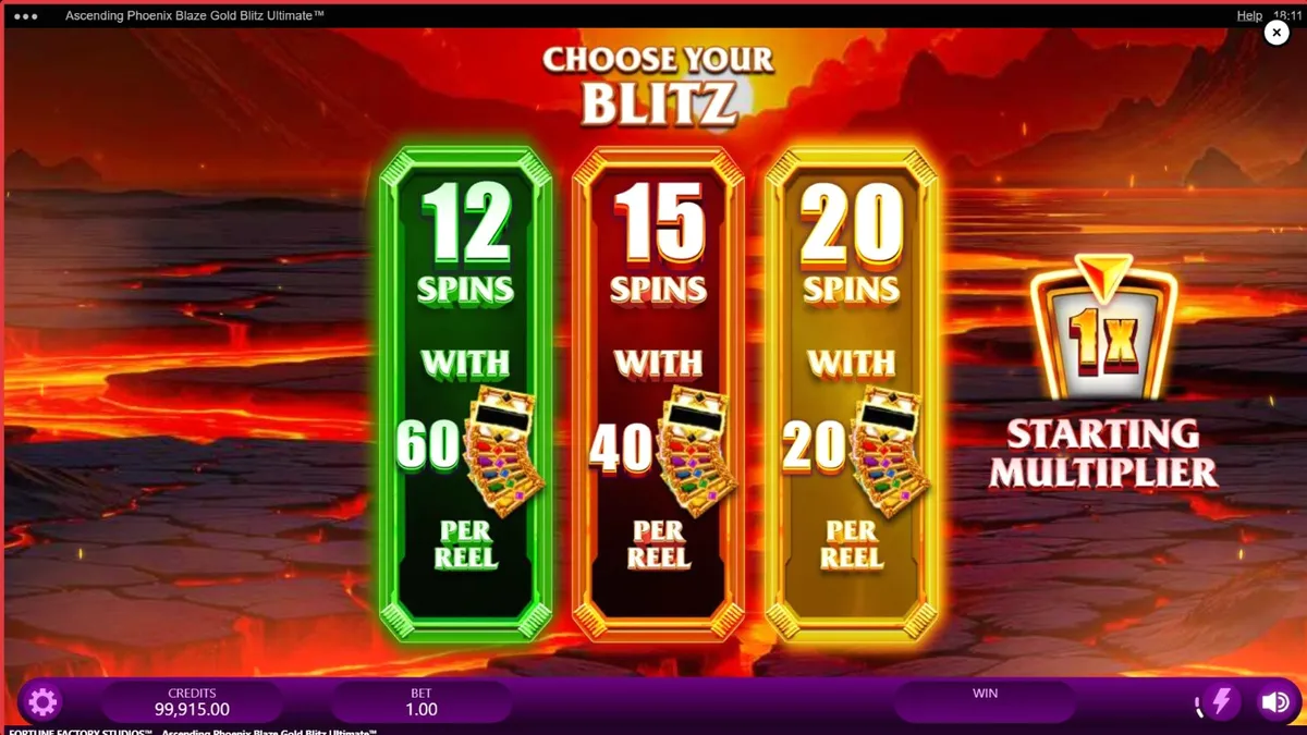 Tampilan visual slot Ascending Phoenix Blaze Gold Blitz Ultimate dengan tema api dan emas